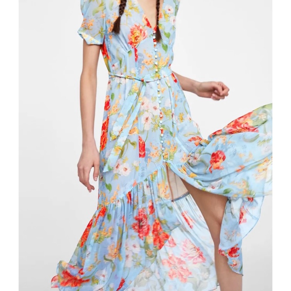 Zara Blue and Pink Ruffled Wrap Sundress